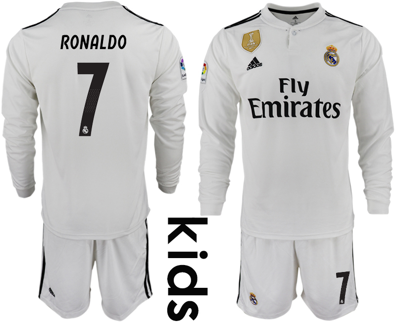 2018_2019 Club Real Madrid home long sleeve Youth #7 soccer jerseys